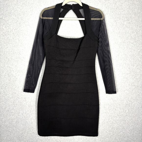 Vintage 90s Moda International Dress Medium Bondage Mesh Sleeve Tight Party Mini - Picture 1 of 14